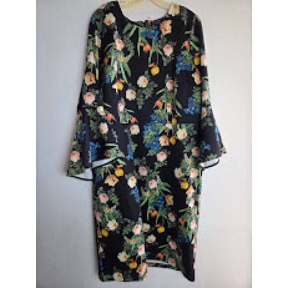 Eloquii Black w/Multicolor Floral Print Flare Sleeve Midi Cocktail Dress size 20 - Picture 1 of 9